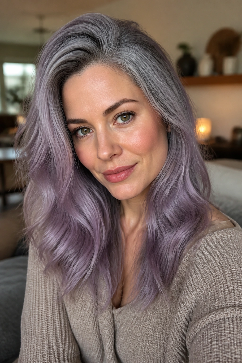 Close-up of real woman with smoky orchid root shadow hair