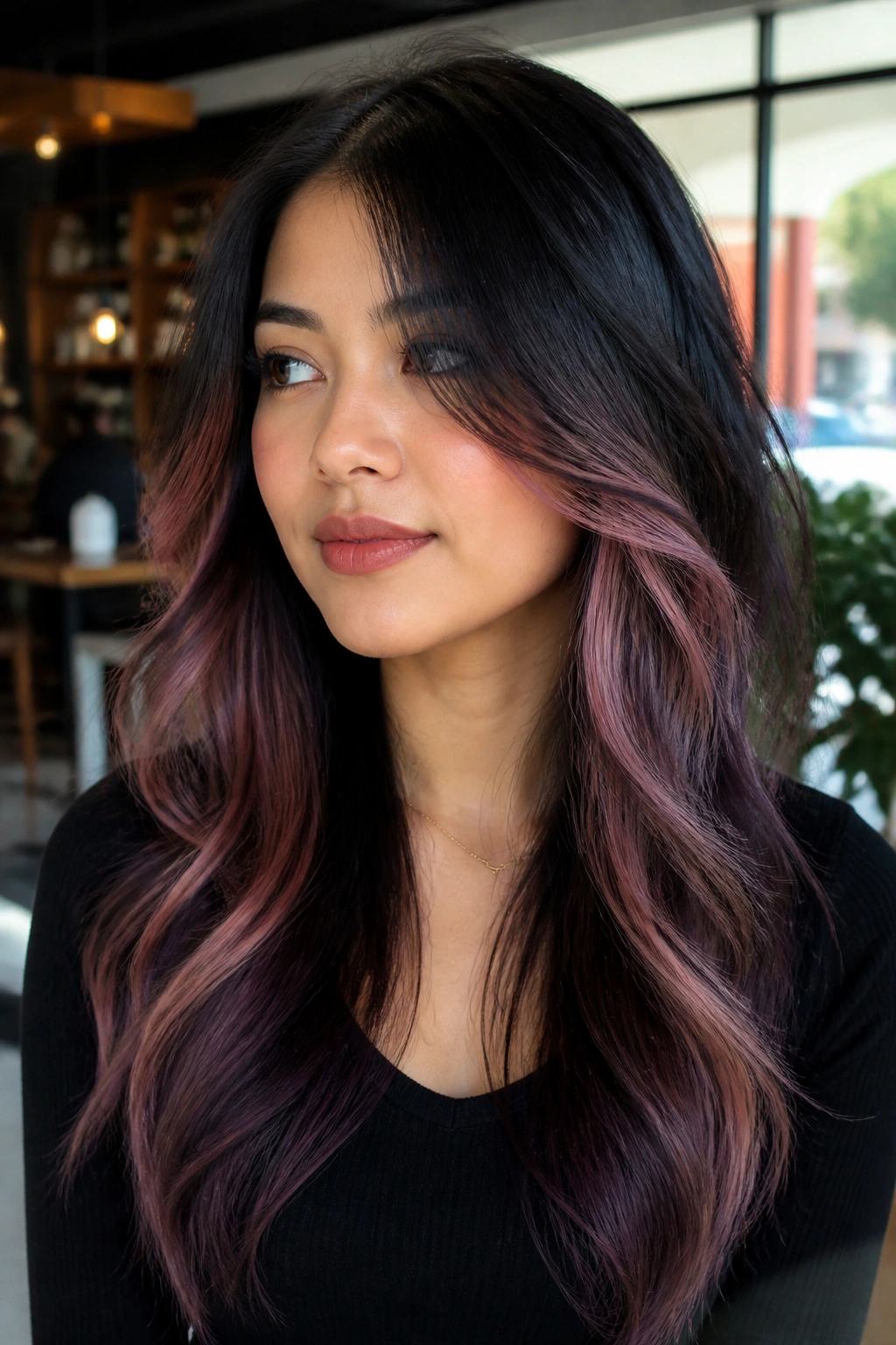 Close-up portrait of a woman with long layered hair and smoky pink balayage.