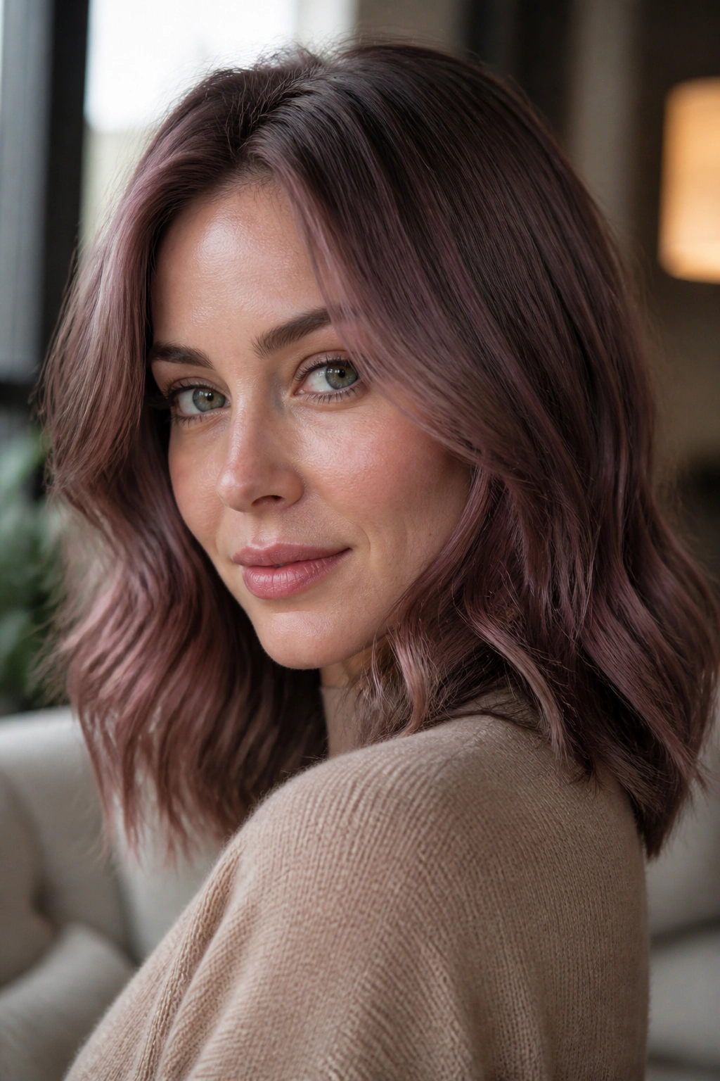 Close-up of smoky pink brown hair on cool skin with ash-beige tones.