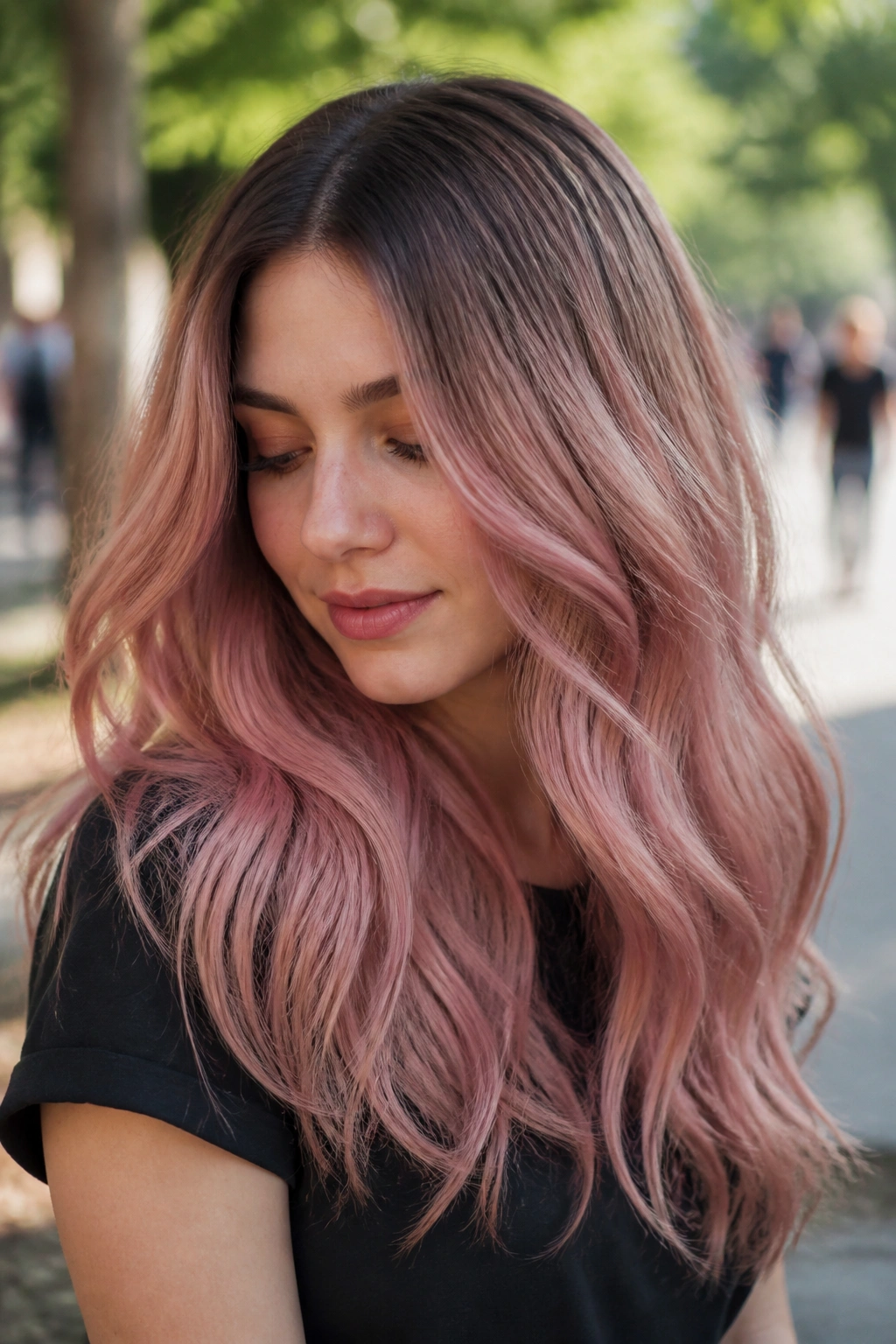 Medium close-up portrait of a person with smoky pink ombré hair and darker roots.