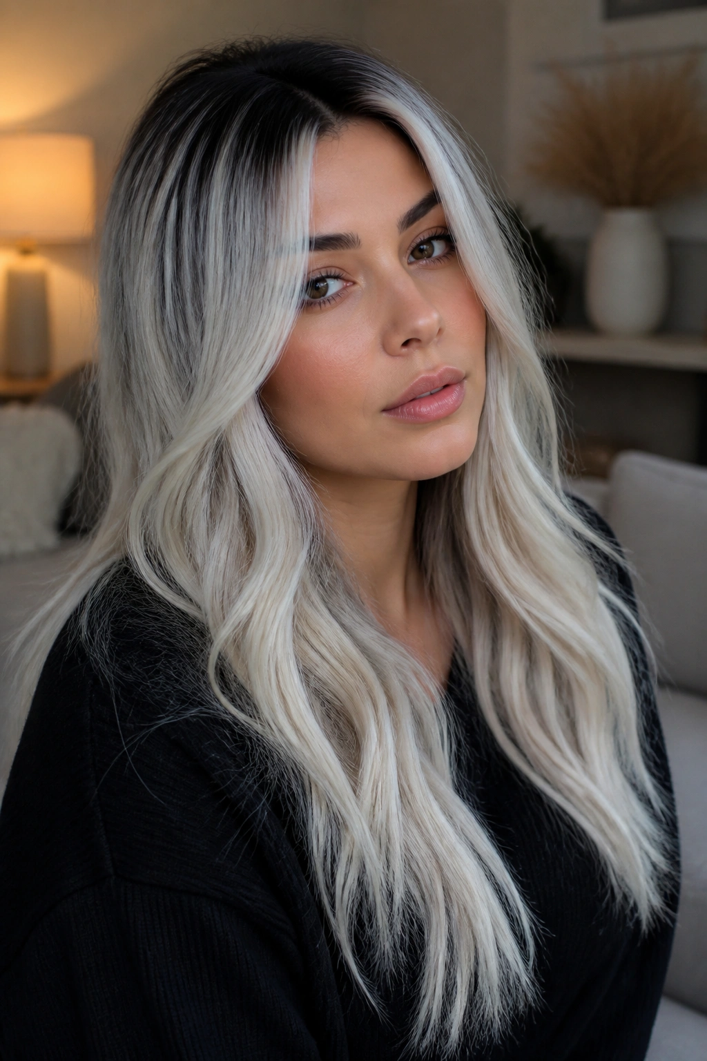 Portrait of a real woman with smoky platinum ends and a deep root.