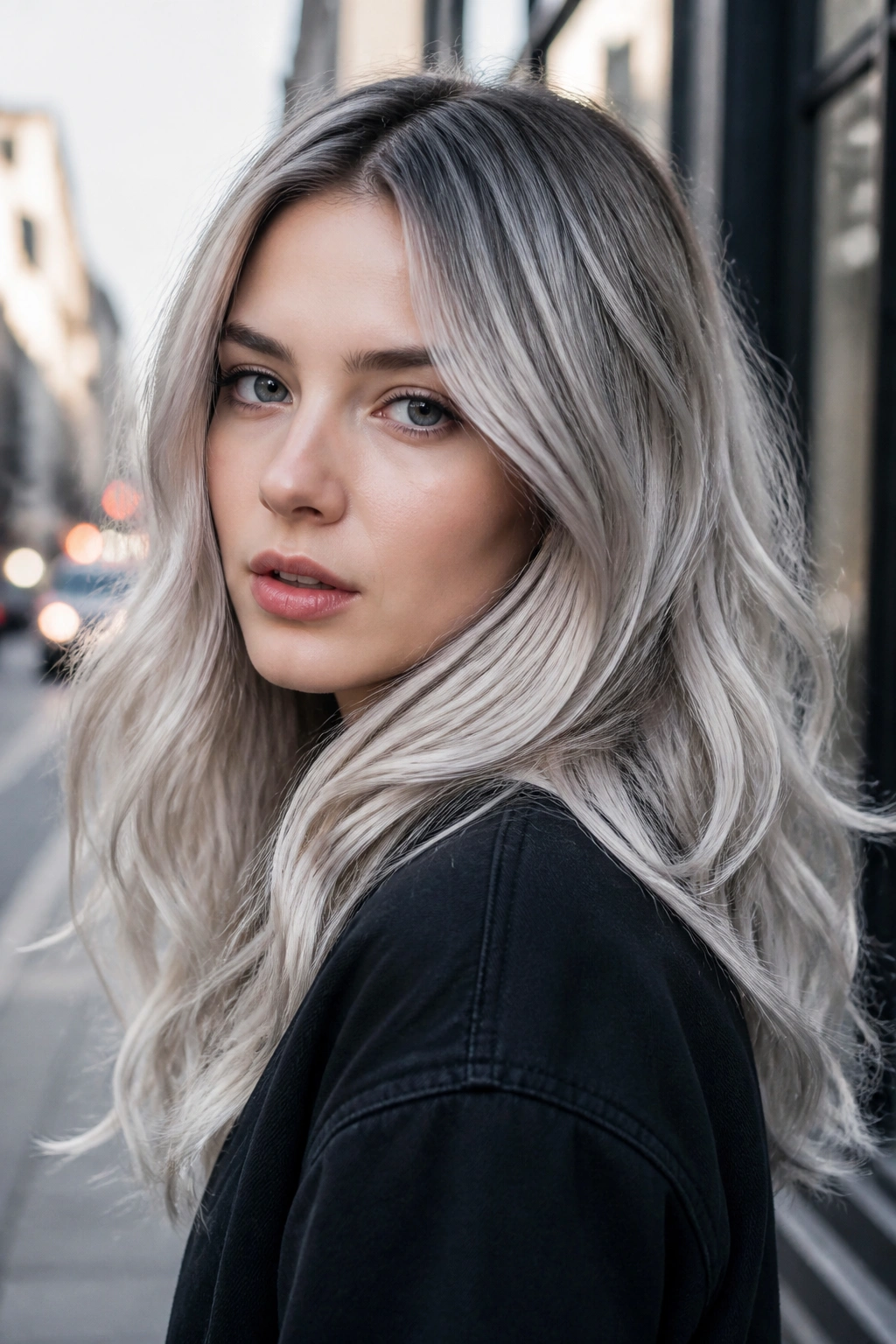 Portrait of a woman with smoky platinum hair in a moody gray-silver tone
