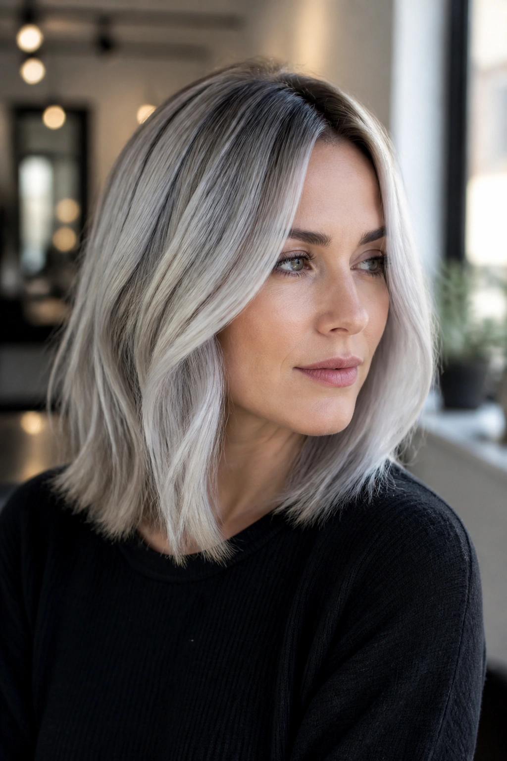 Close-up portrait of a real woman with smoky platinum lob and blue-gray undertones under natural light