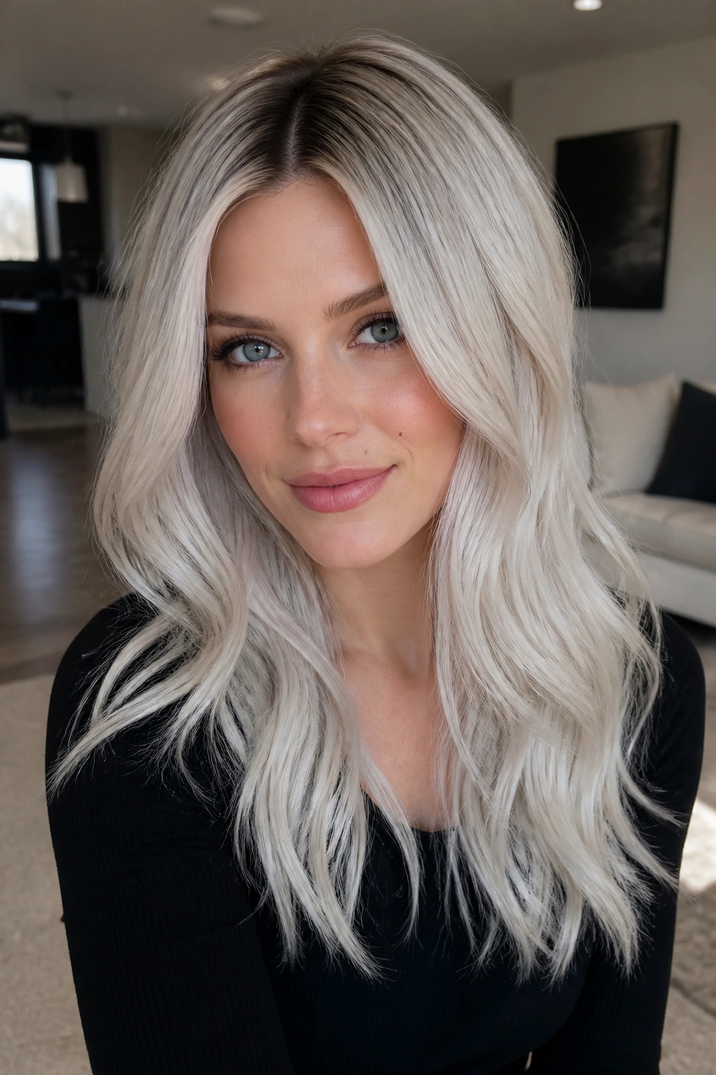 Portrait of a woman with smoky platinum hair and cool shadow root
