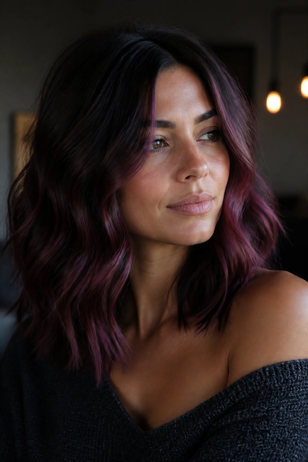 Close-up of brunette with smoky plum pink balayage