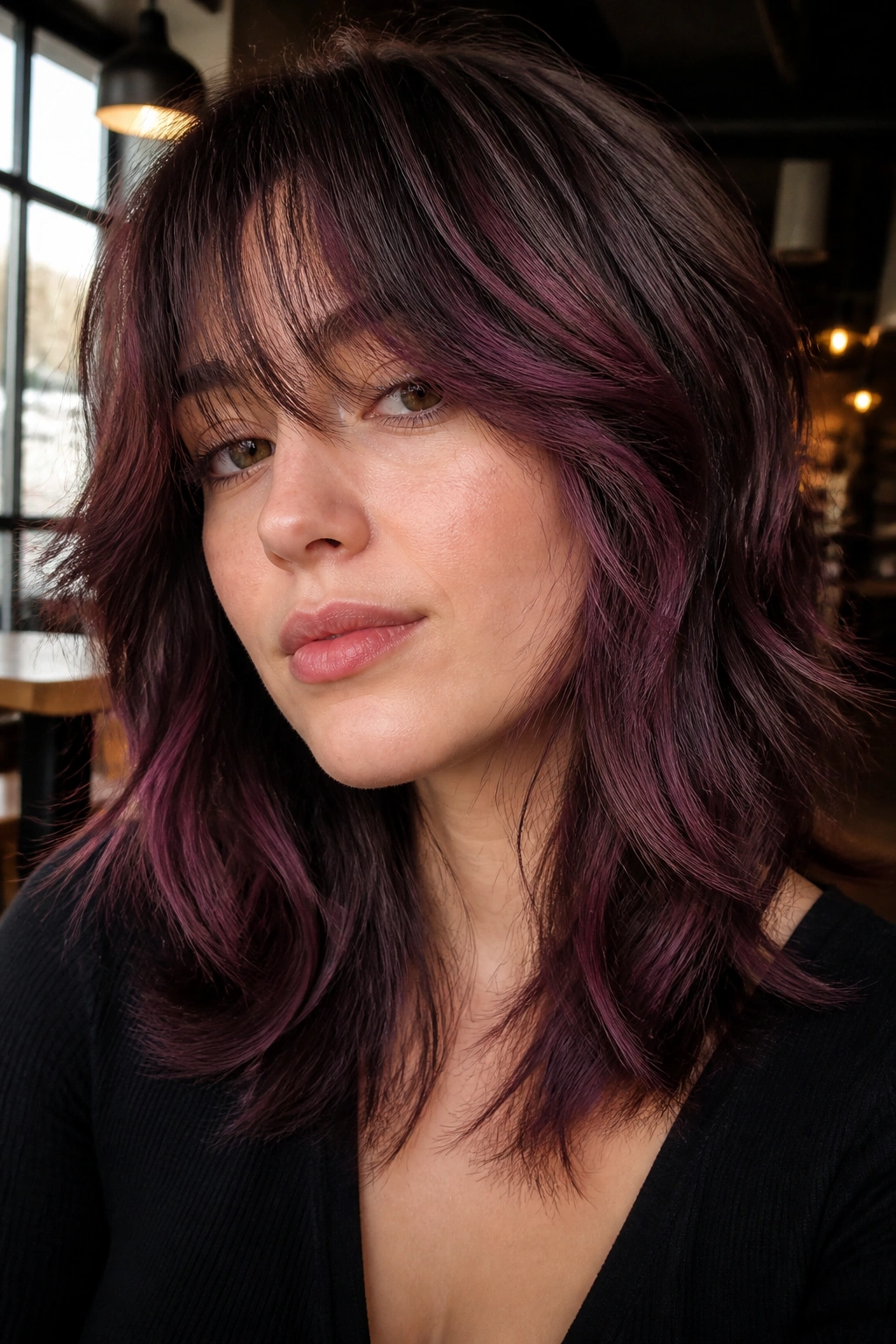 Layered shag with smoky plum balayage on a real person