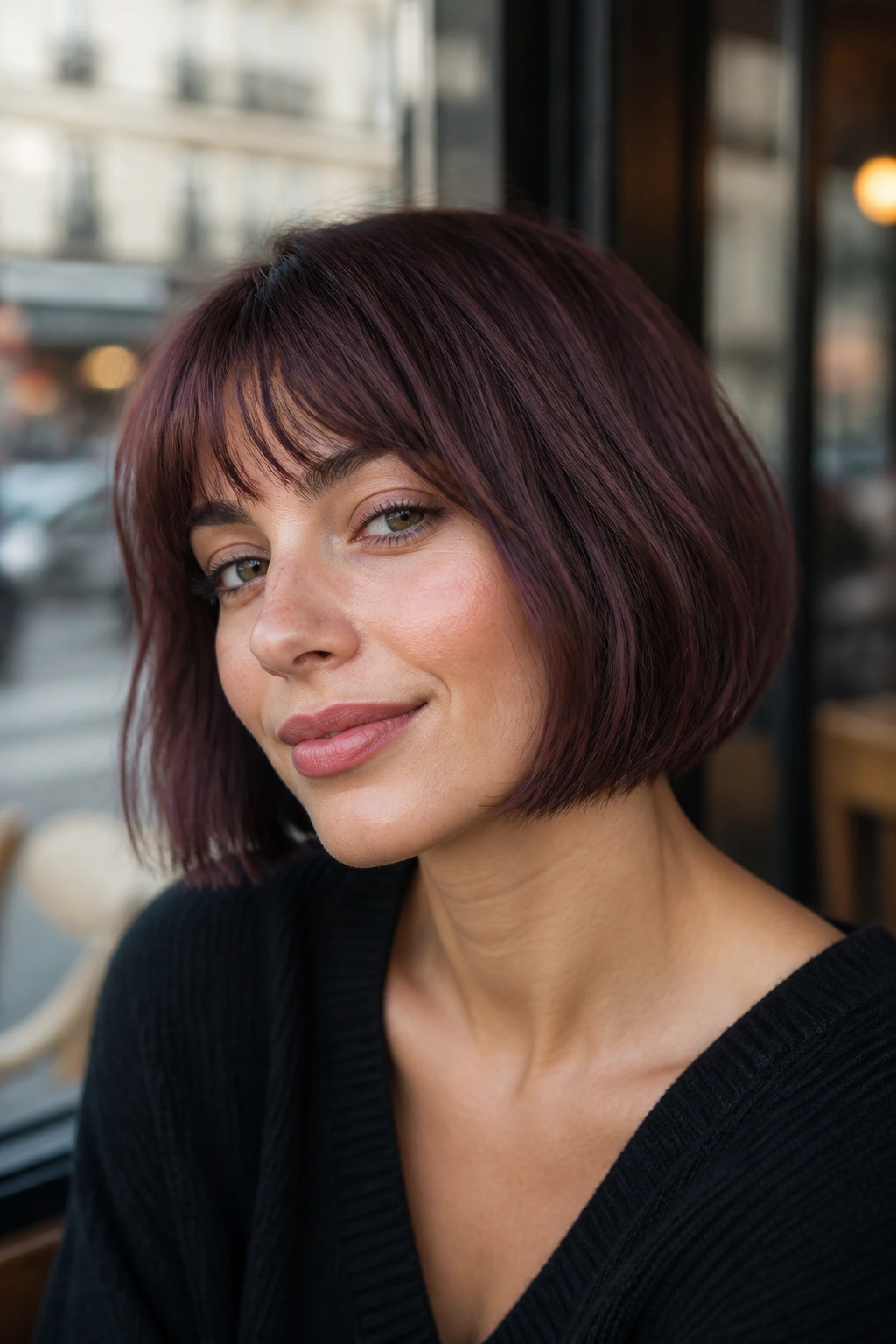 Close-up portrait of a real woman with smoky plum French bob at cheekbone length