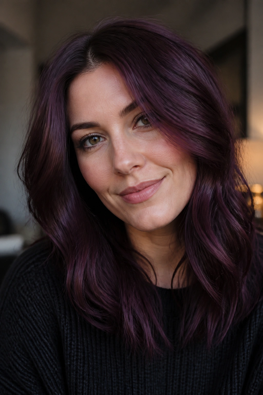 Close-up portrait of a person with smoky plum brown hair color