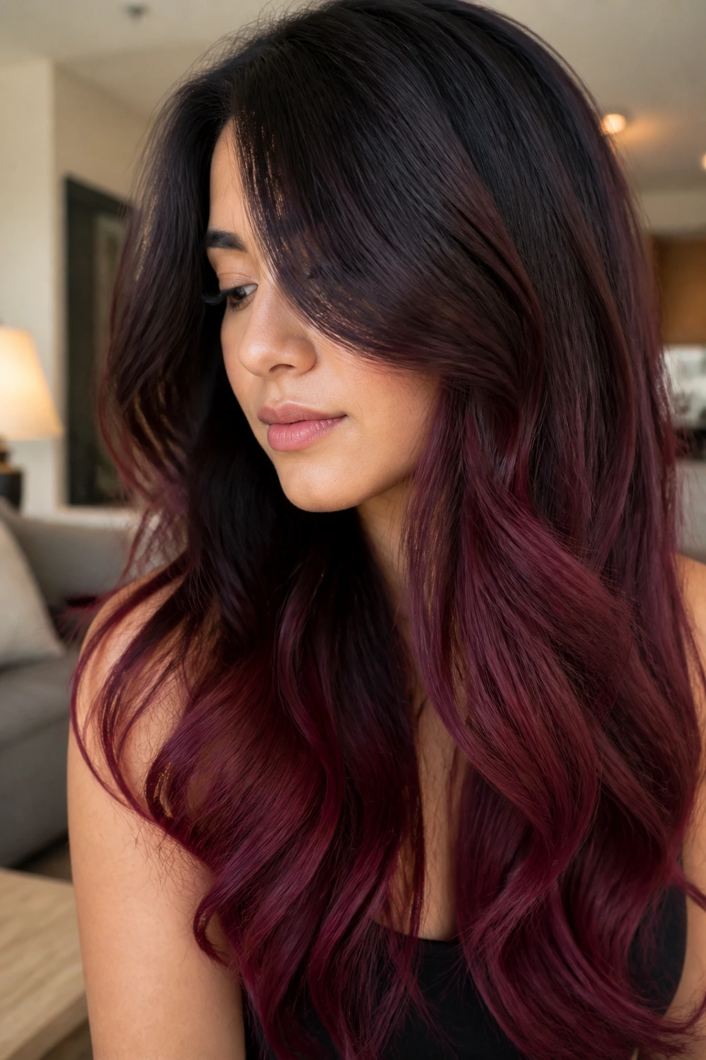 Close-up of a real woman with long hair showing a smoky plum red fade at the ends, in warm window light.