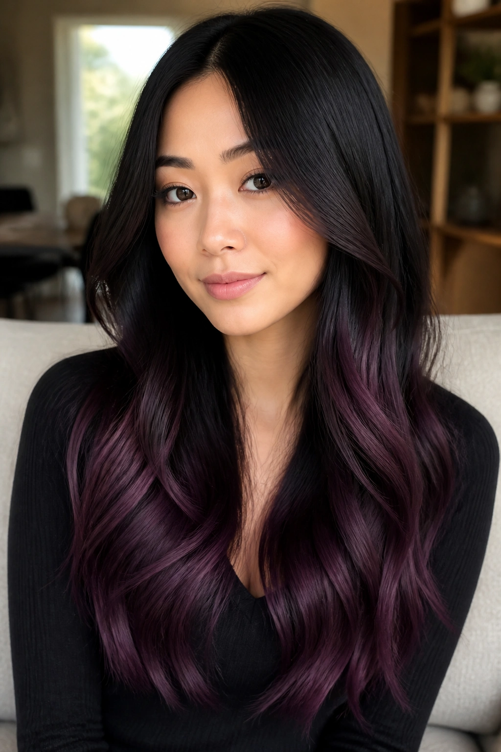 Close-up of a real woman's black hair with smoky plum ombre