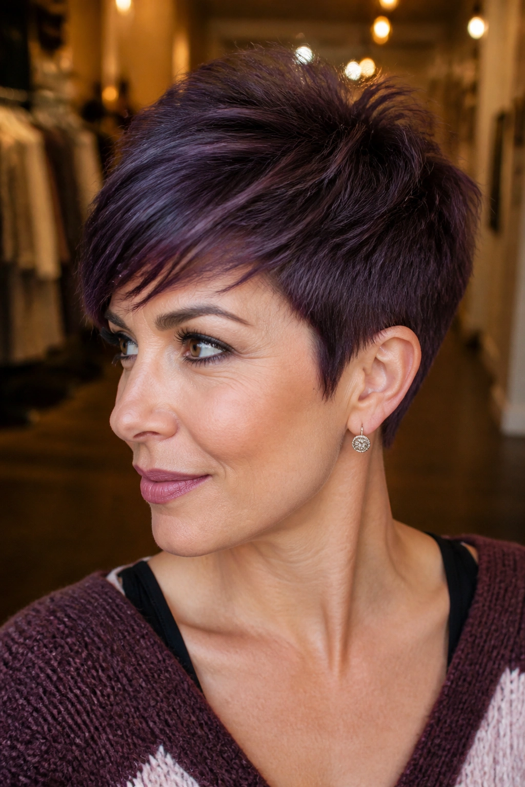 Close-up portrait of a real woman with smoky plum pixie