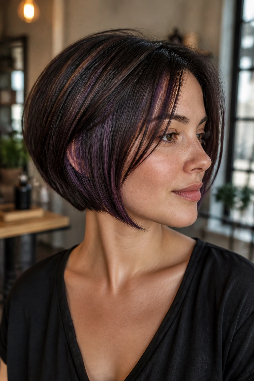 Portrait of a real woman with smoky plum streaks in a short bob.