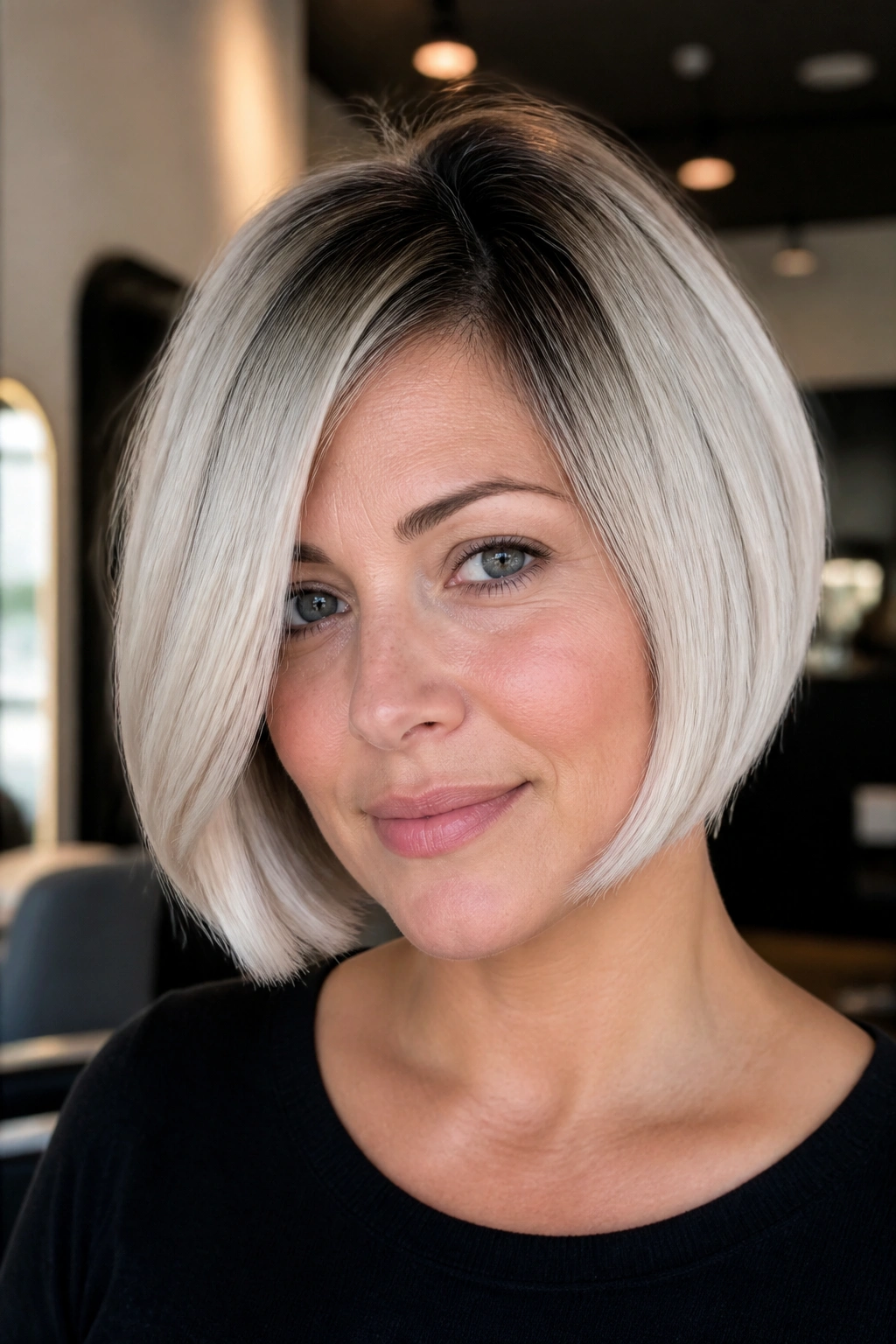Close-up of a woman with smoky rooted platinum bob, face-framing icy ends
