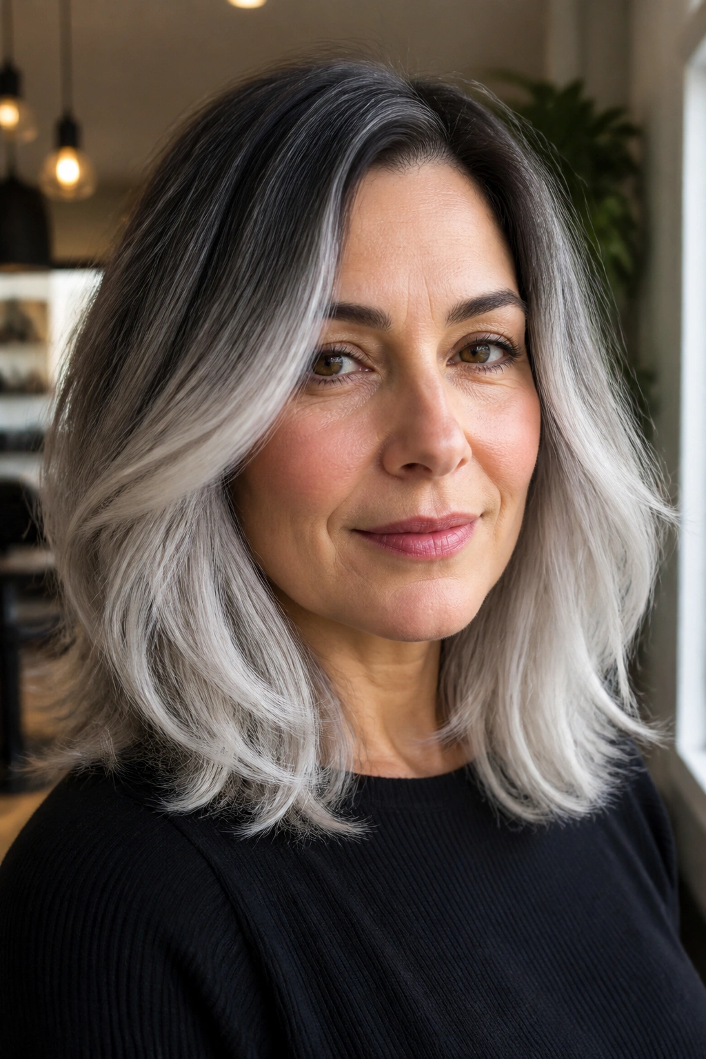 Close-up of a real woman with smoky roots and silver ends in shoulder-length hair, warm salon lighting.