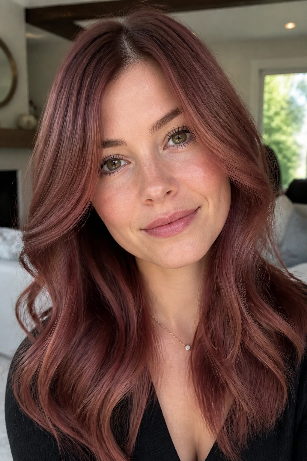 Close-up portrait of a real woman with smoky rose auburn hair