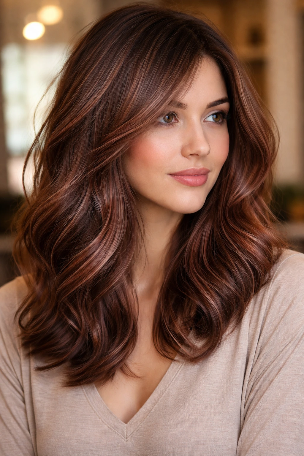 Close-up of chestnut brown hair with smoky rose babylights on a real person in warm window light
