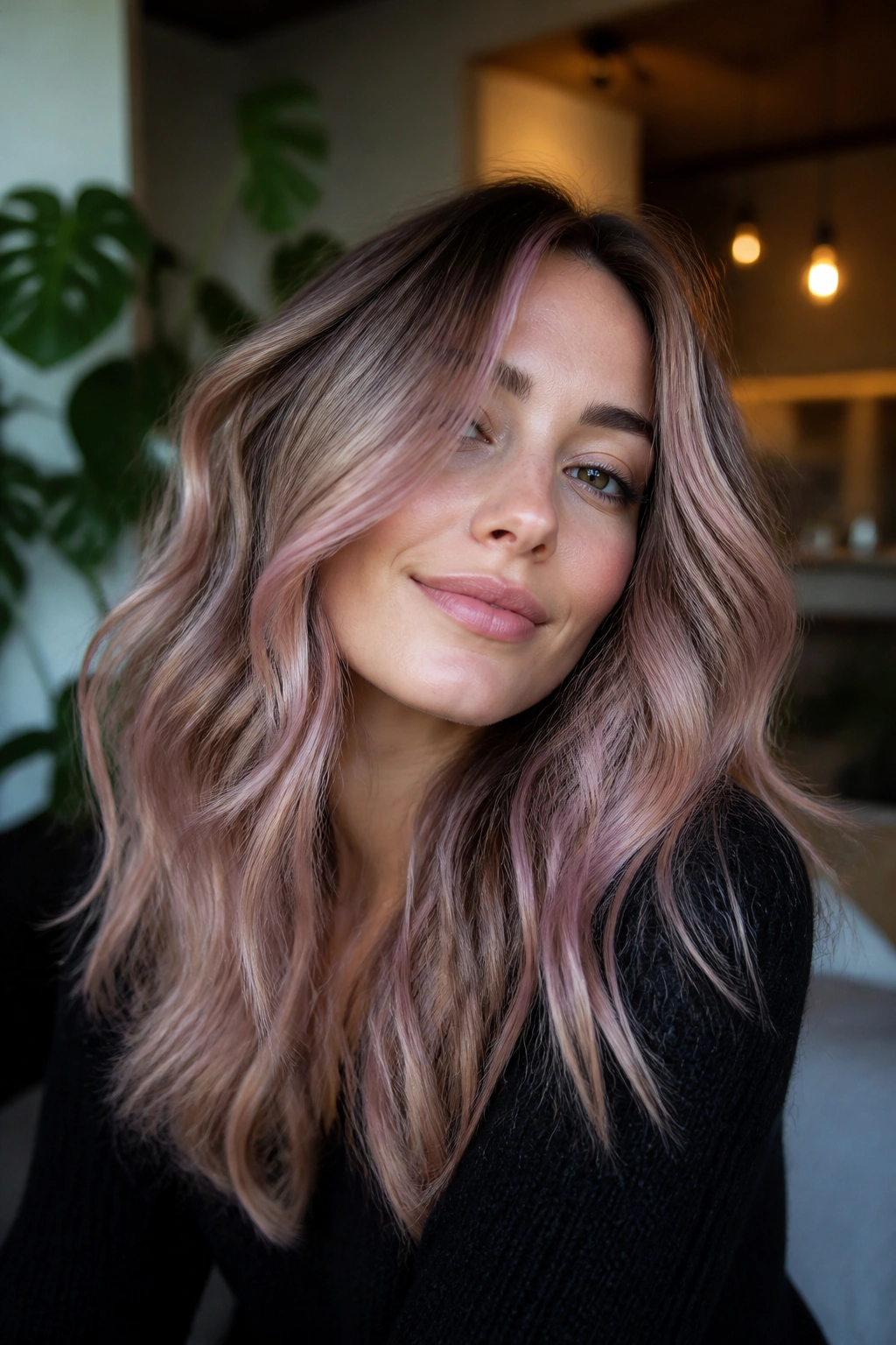 Portrait of a woman with smoky rose balayage hair