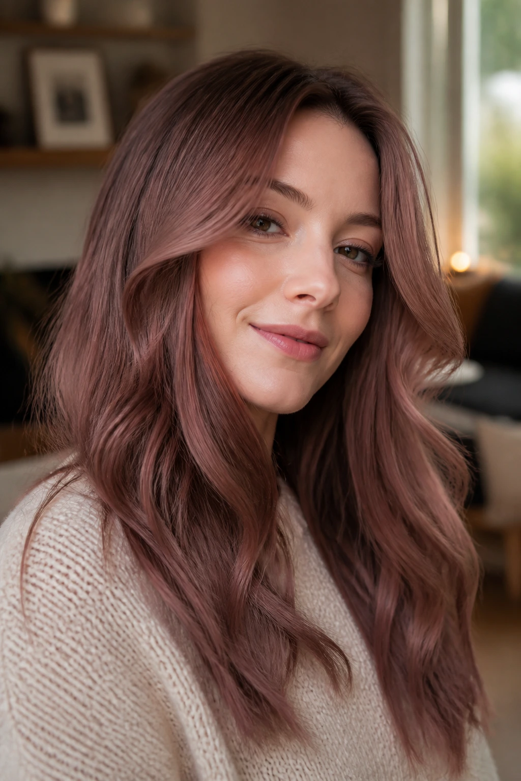 Close-up portrait of smoky rose brown hair on a real person