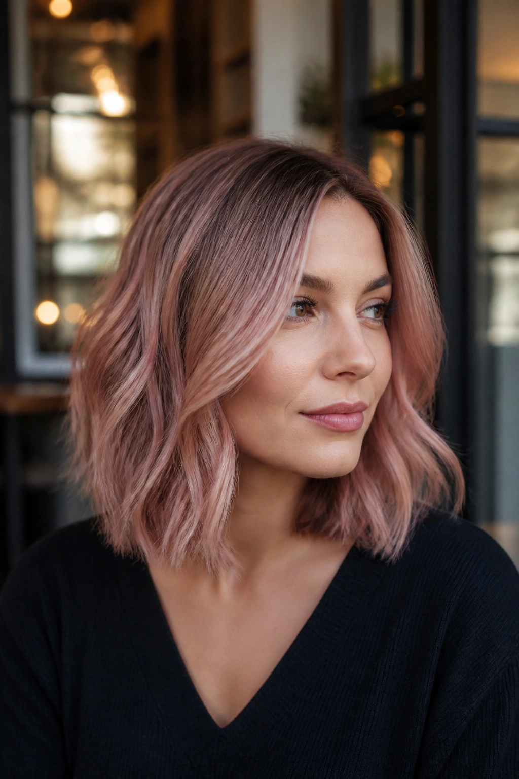 Portrait of a woman with smoky rose gold lob and smoky roots