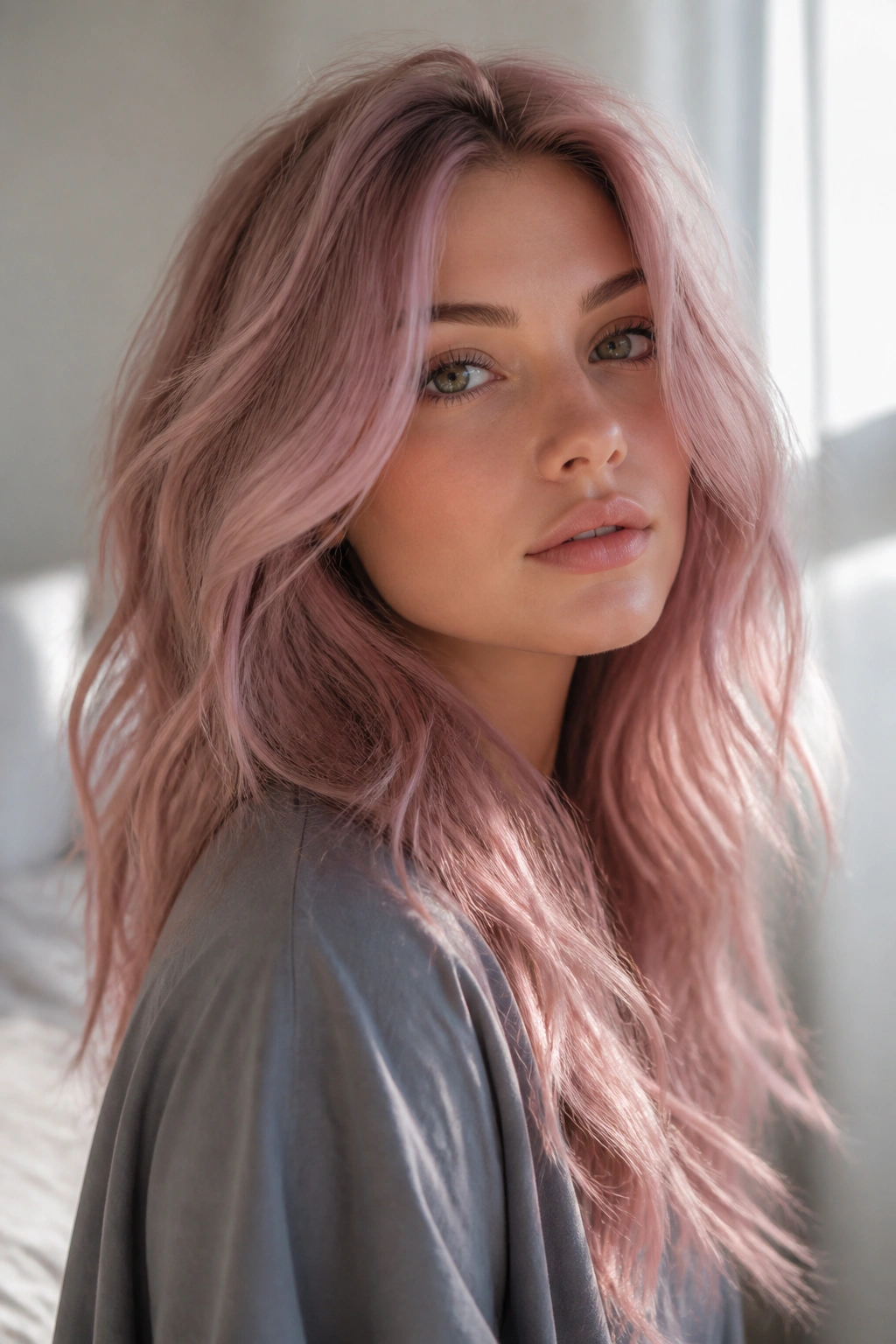 Close-up portrait of a real woman with smoky rose hair against cool-toned skin.