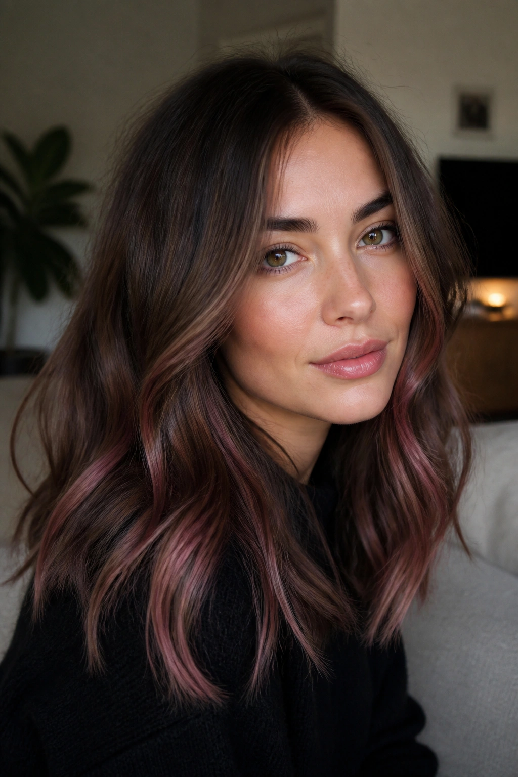 Close-up of a real woman with brunette hair and smoky rose lowlights creating depth