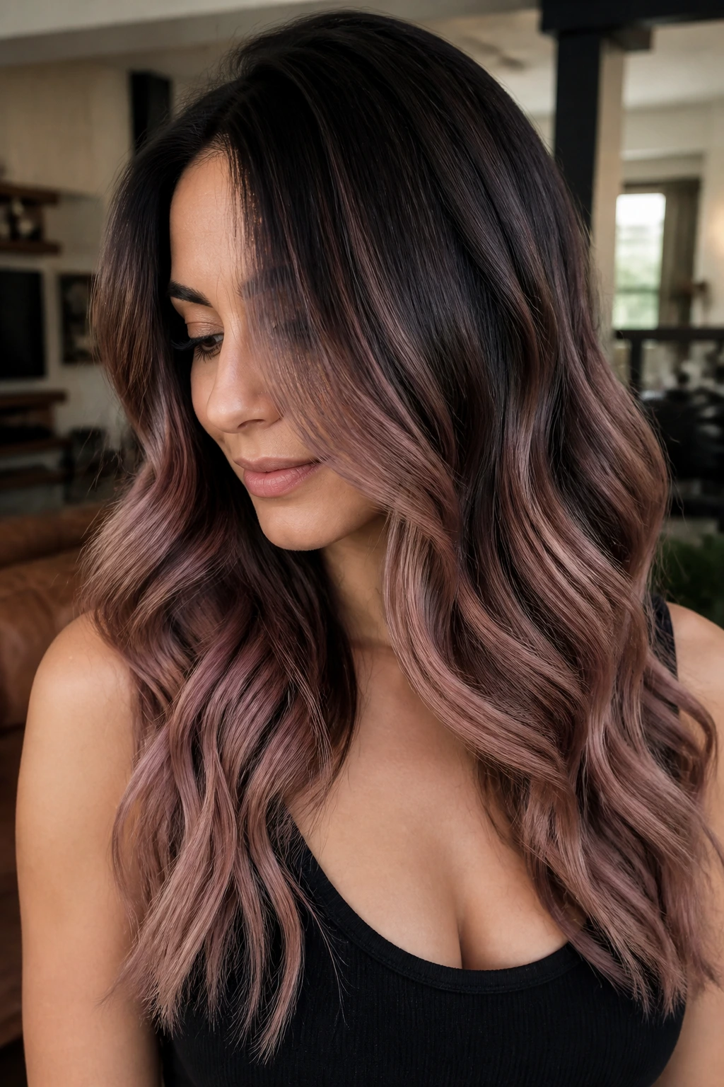 Close-up portrait of Smoky Rose Gold Melt on Espresso Brown hair