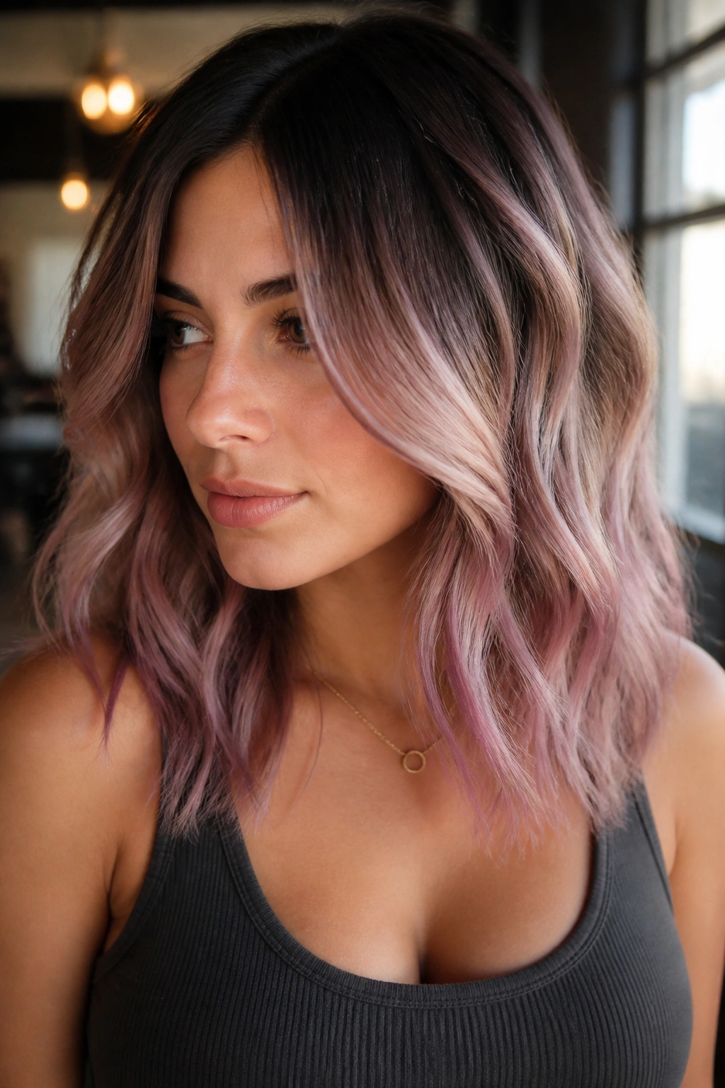 Close-up of a real woman with smoky rose melt hair featuring root shadow and rose-tinged ends