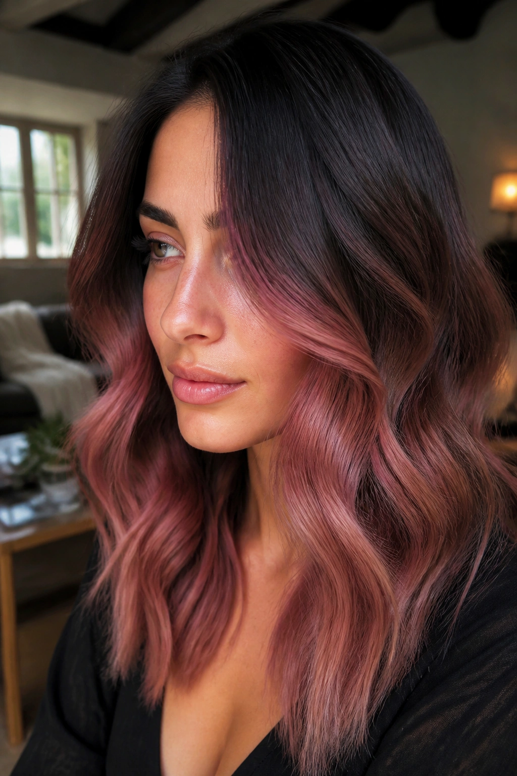 Close-up portrait of a real woman with smoky rose melt hair color from dark root to rose ends