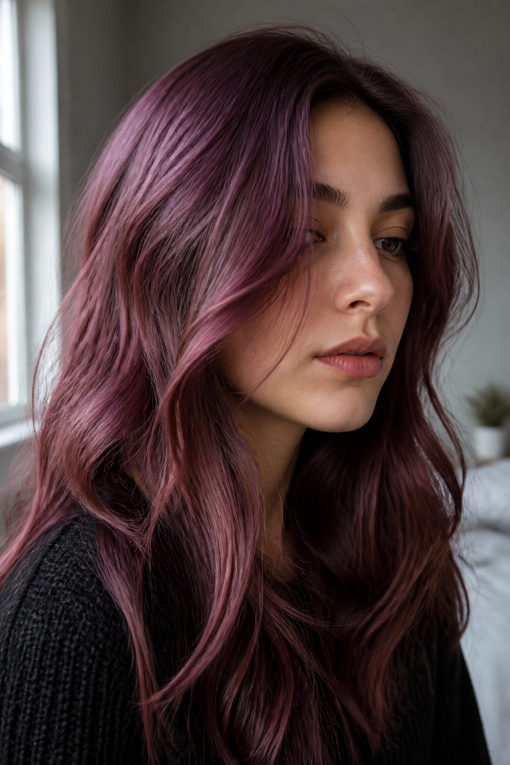 Close-up of woman with Smoky Rose Wine hair in moody light.