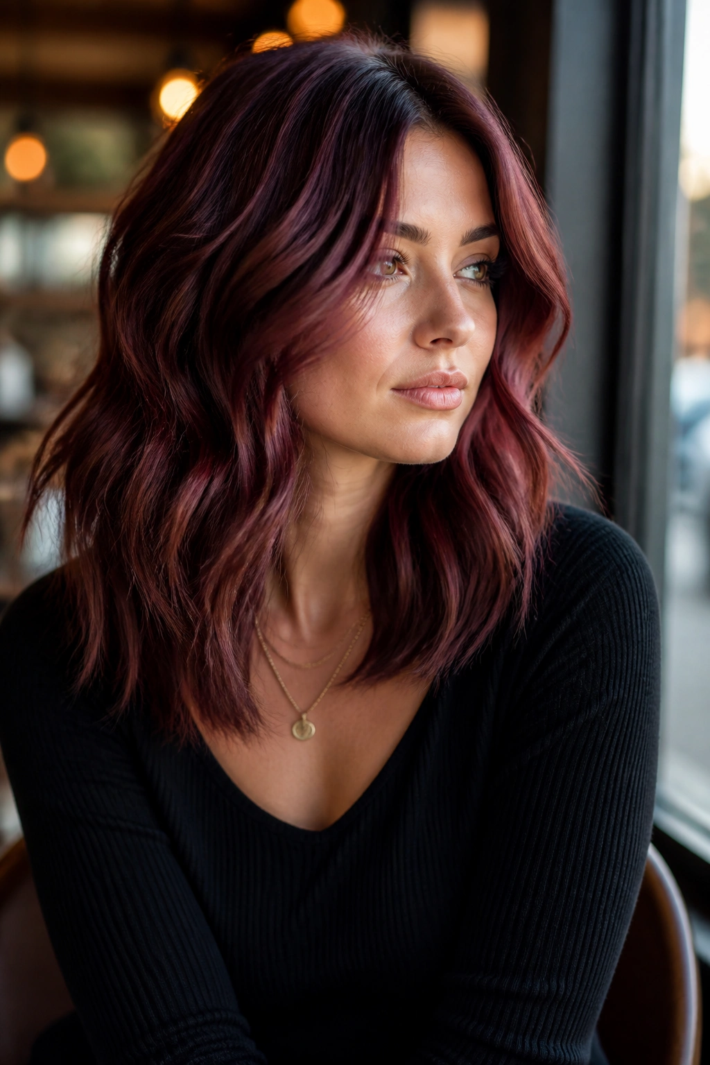 Close-up of a woman with smoky rosewood mahogany hair in cafe-window light