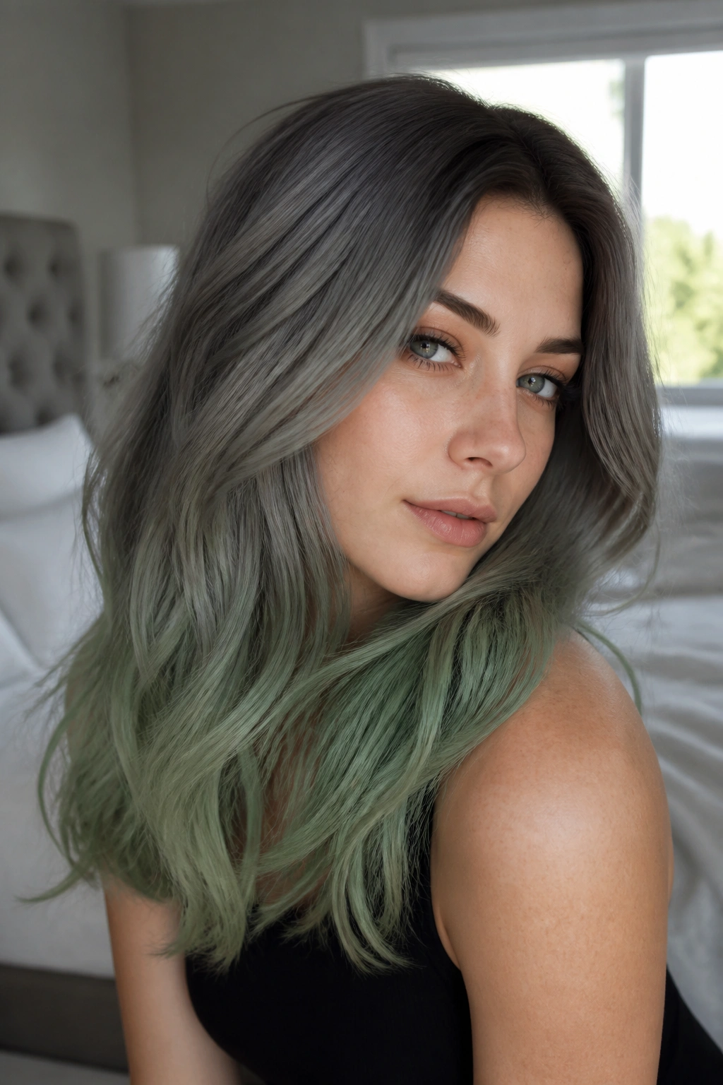 Close-up of a real person with smoky gray-green hair melt in natural window light