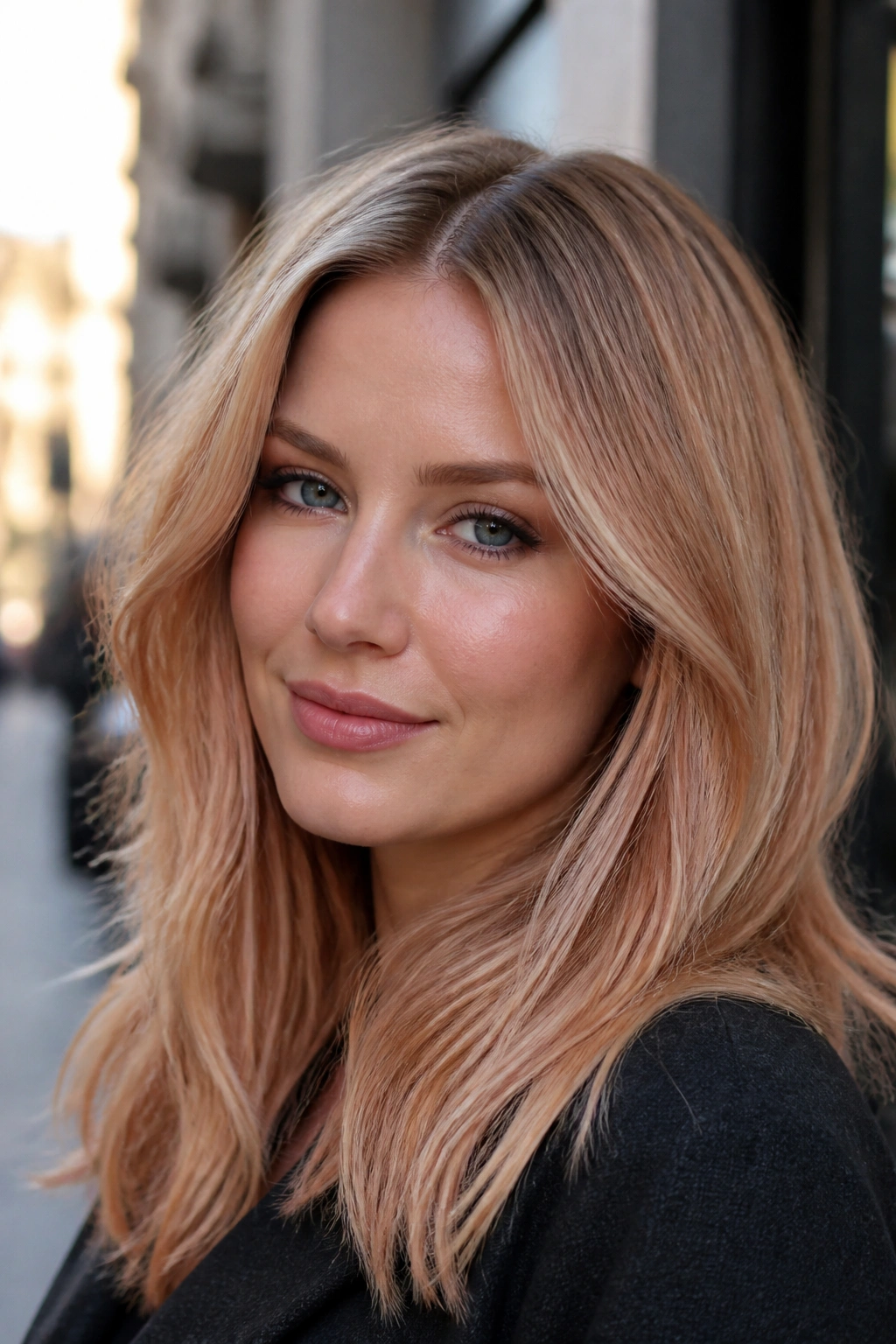 Close-up of a real woman with smoky shadow-root strawberry blonde hair