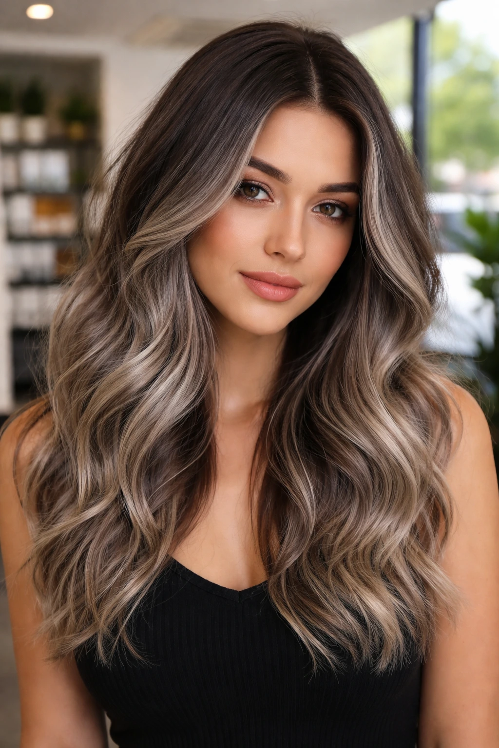 Portrait of a real woman with smoky silver balayage on mid-lengths and ends in natural light