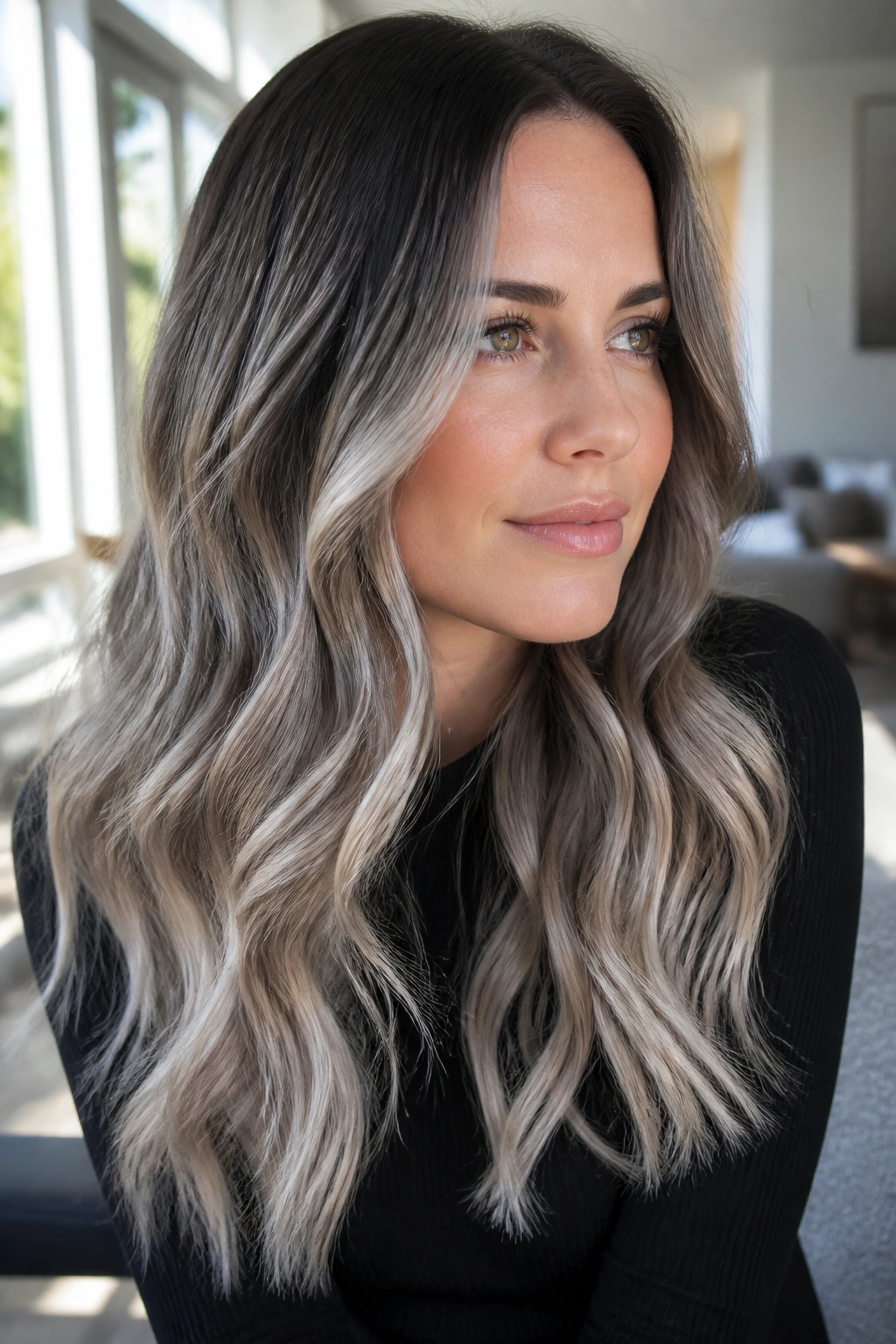 Close-up of a woman with Smoky Silver Balayage on long hair and movement.