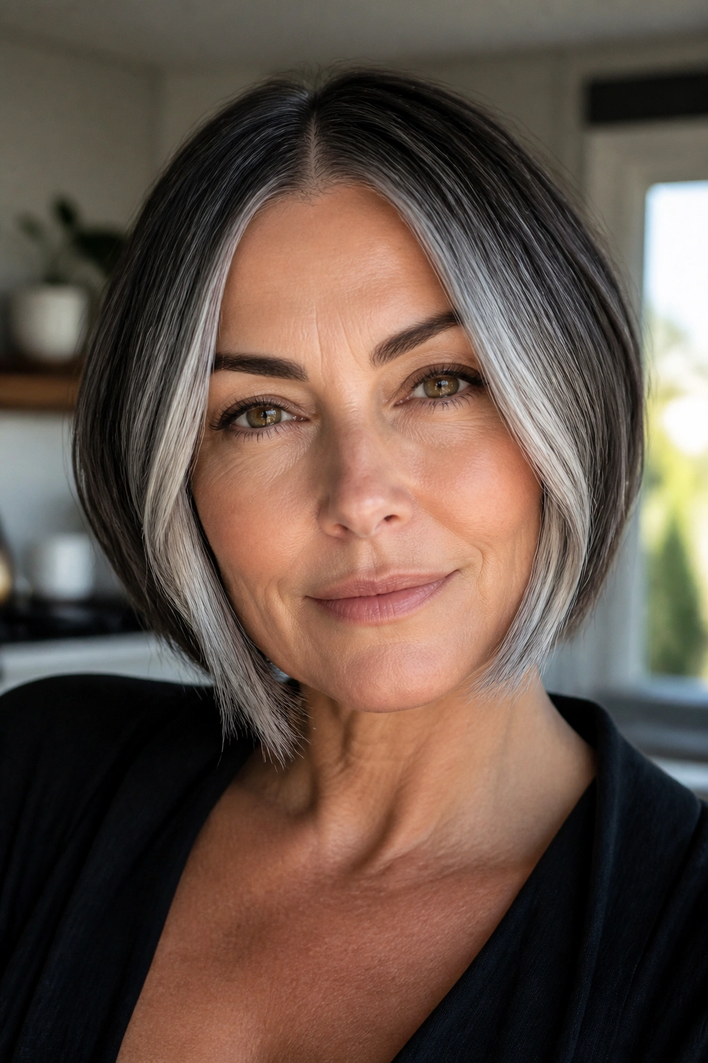 Close-up portrait of a woman with smoky silver face-framing bob highlighting the hair around the cheeks