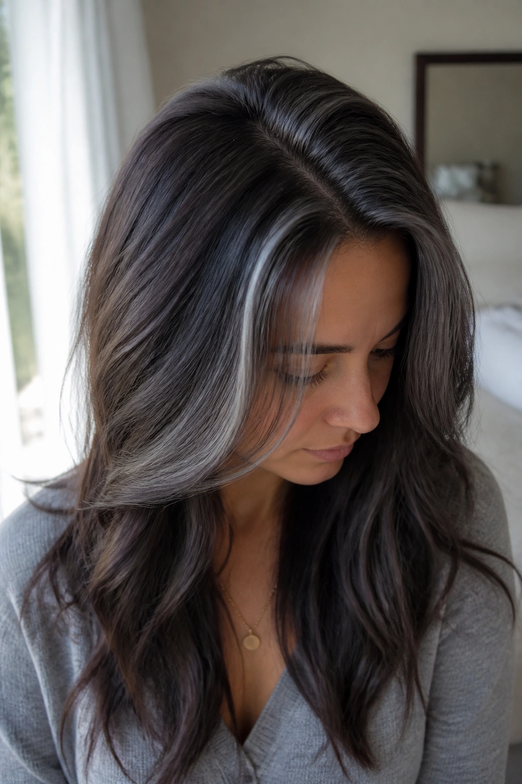 Close-up of brunette hair with smoky silver around crown