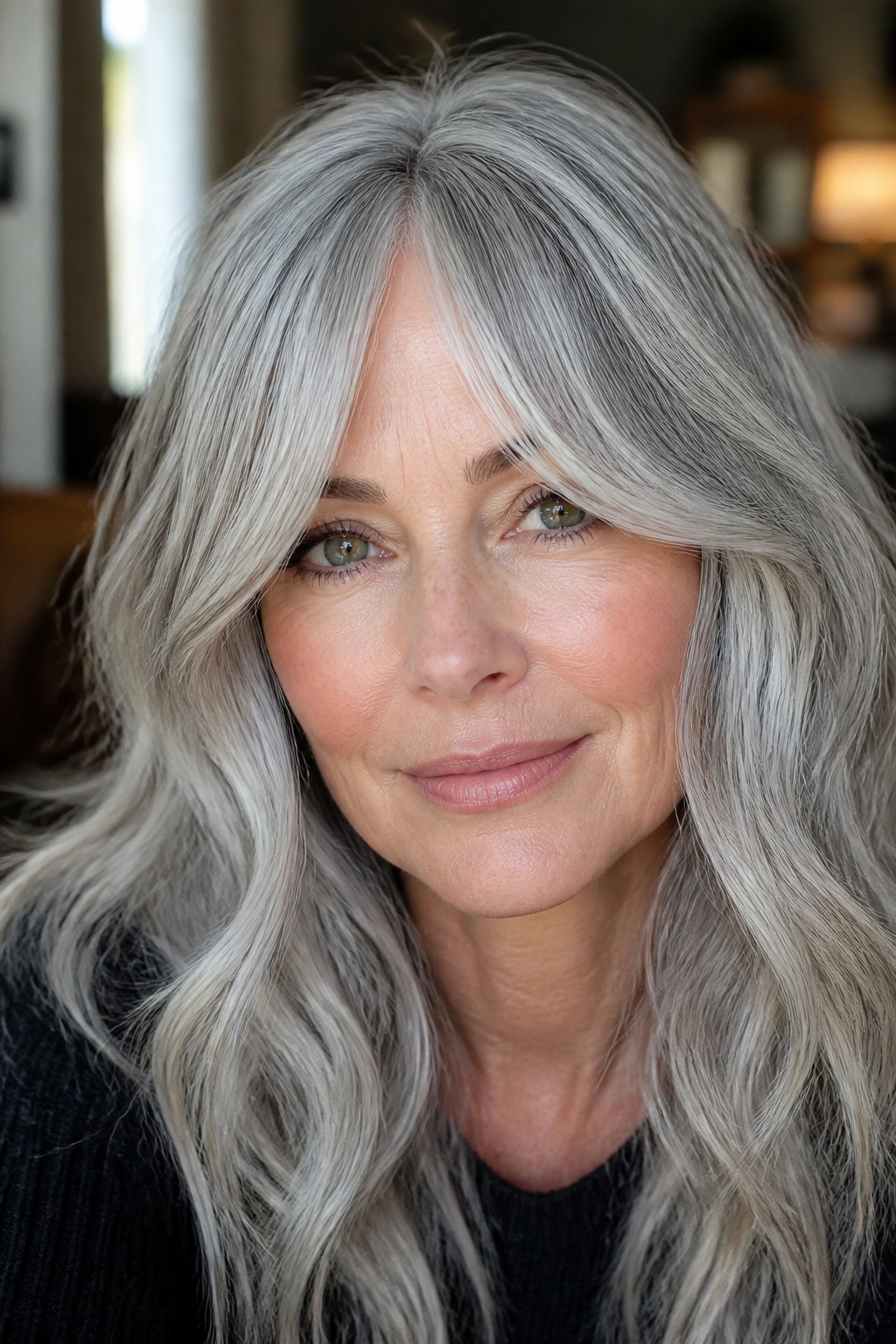Close-up of smoky silver curtain bangs framing the eyes on a real person