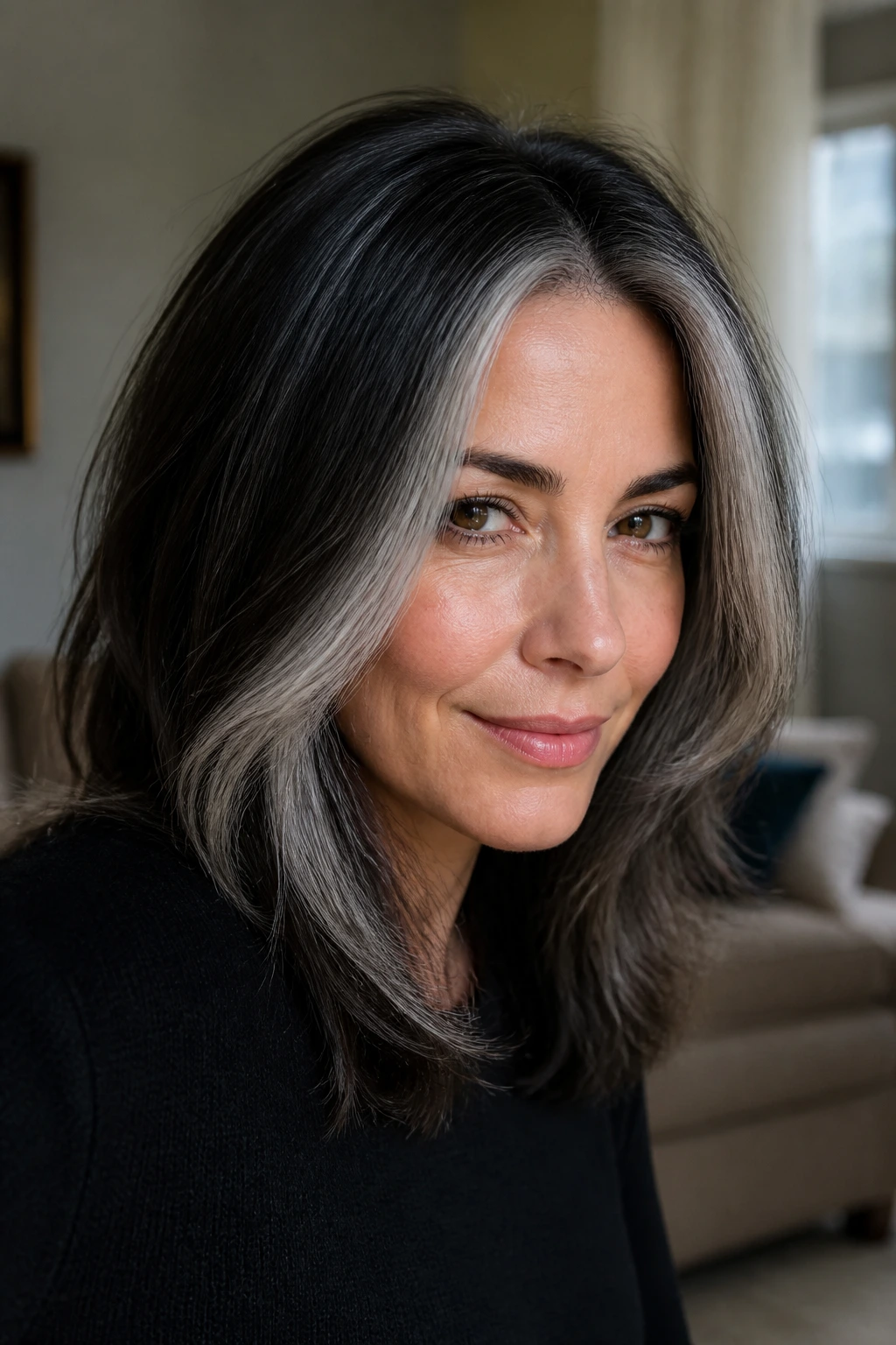 Close-up of a real woman with a smoky silver face frame against dark hair