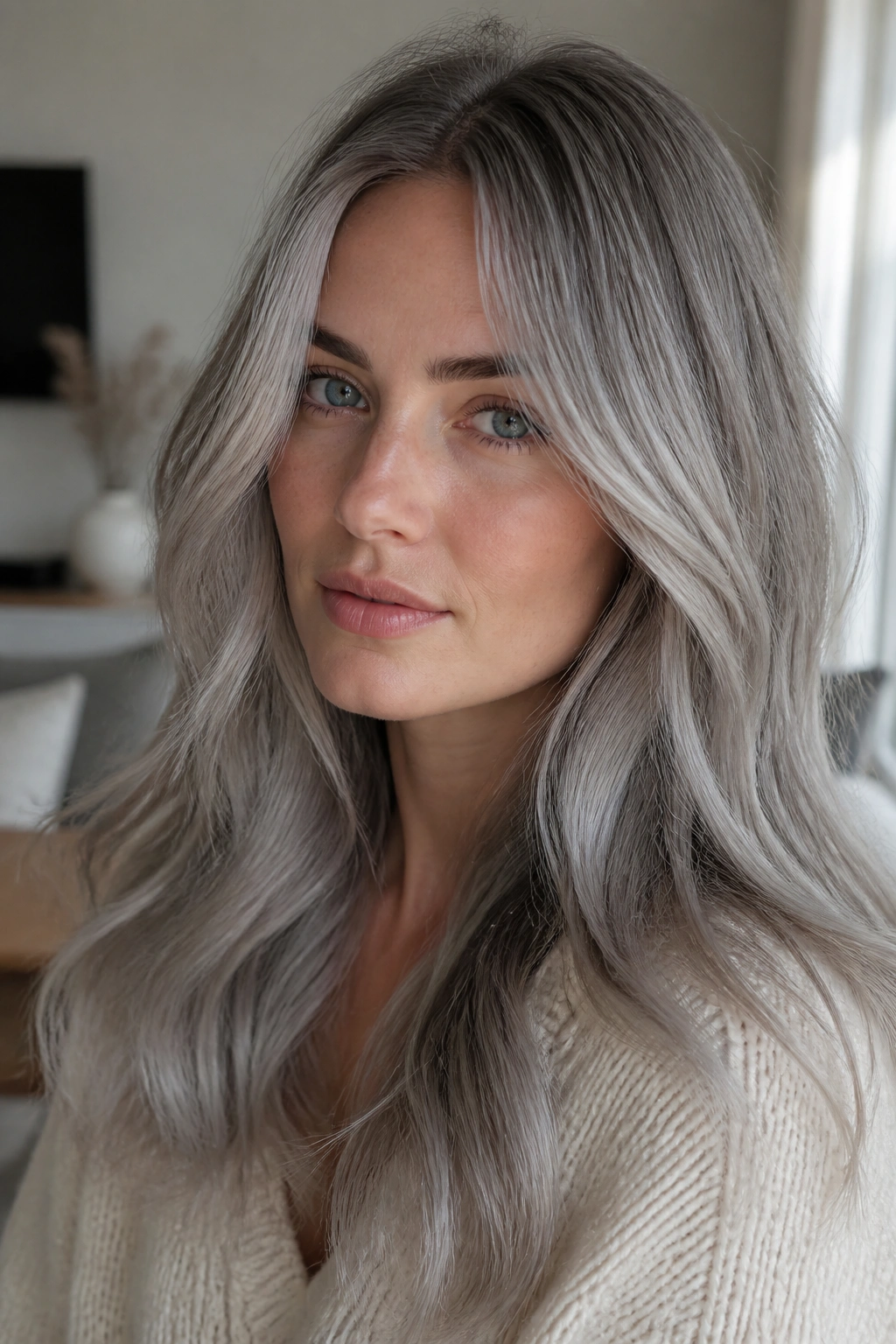 Close-up portrait of a real woman with smoky silver hair in a cool, modern room.