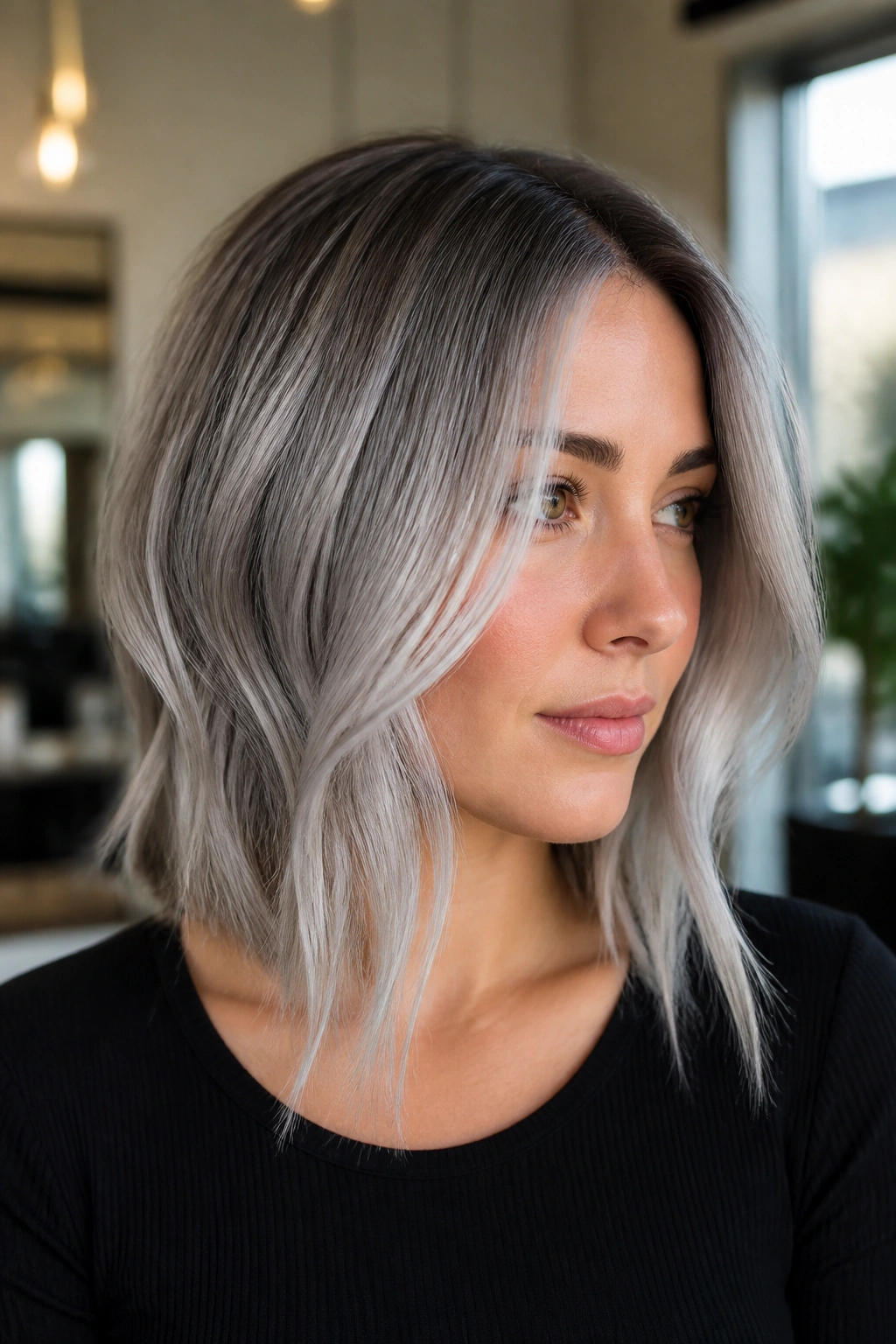 Close-up of a real woman with smoky silver lob and face-framing pieces in a warm salon.