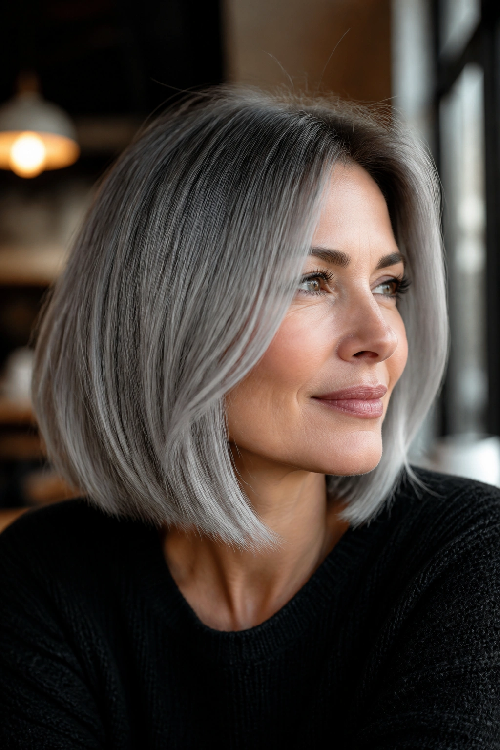 Close-up portrait of a real woman with smoky silver lob and shadow root