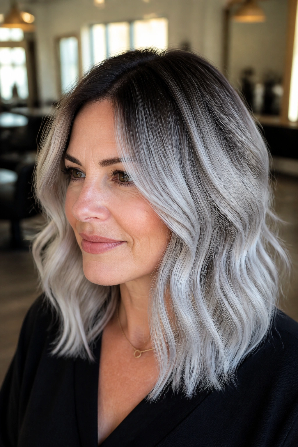 Close-up of a real woman with smoky silver melt hair in a window-lit salon setting.
