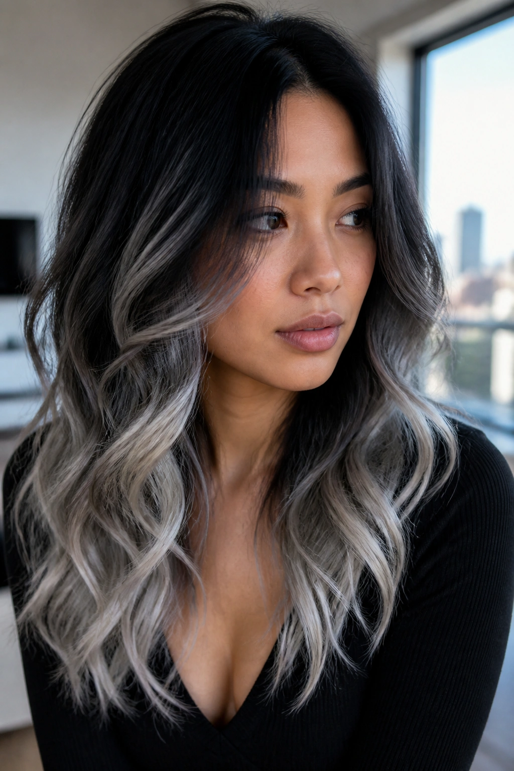 Portrait highlighting smoky silver ombré from black roots on long hair.