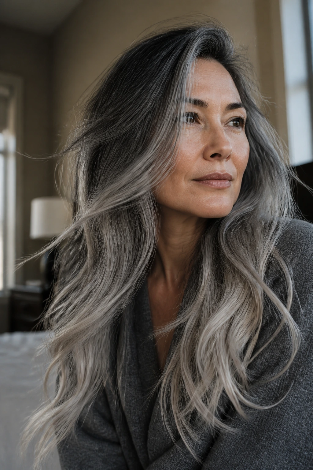 Woman with smoky silver ombré hair in a cozy bedroom light.