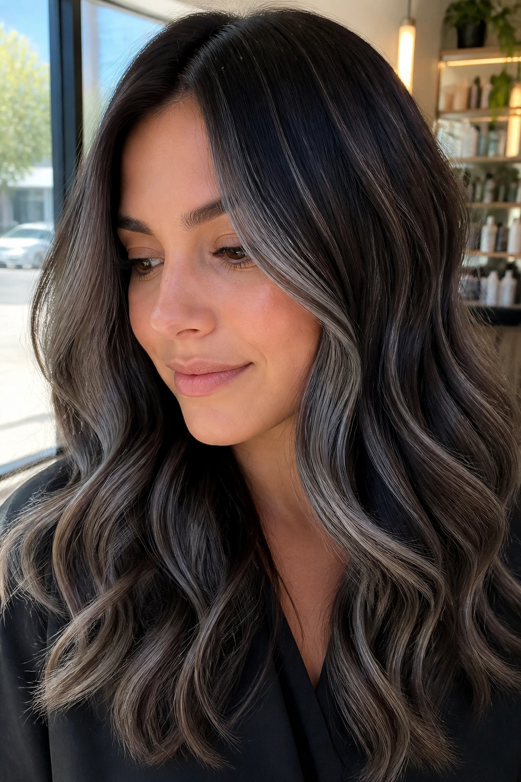 Close-up of a real person with smoky silver ribbons in espresso brown hair in soft waves