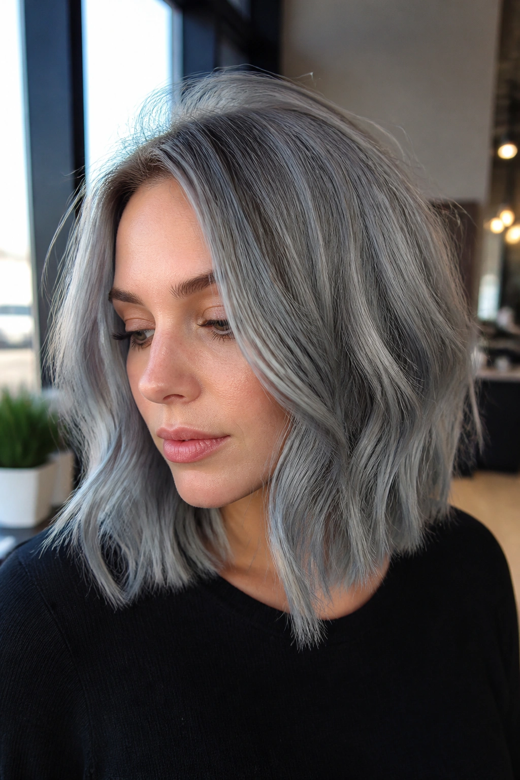Close-up of a real person with smoky steel blonde hair.