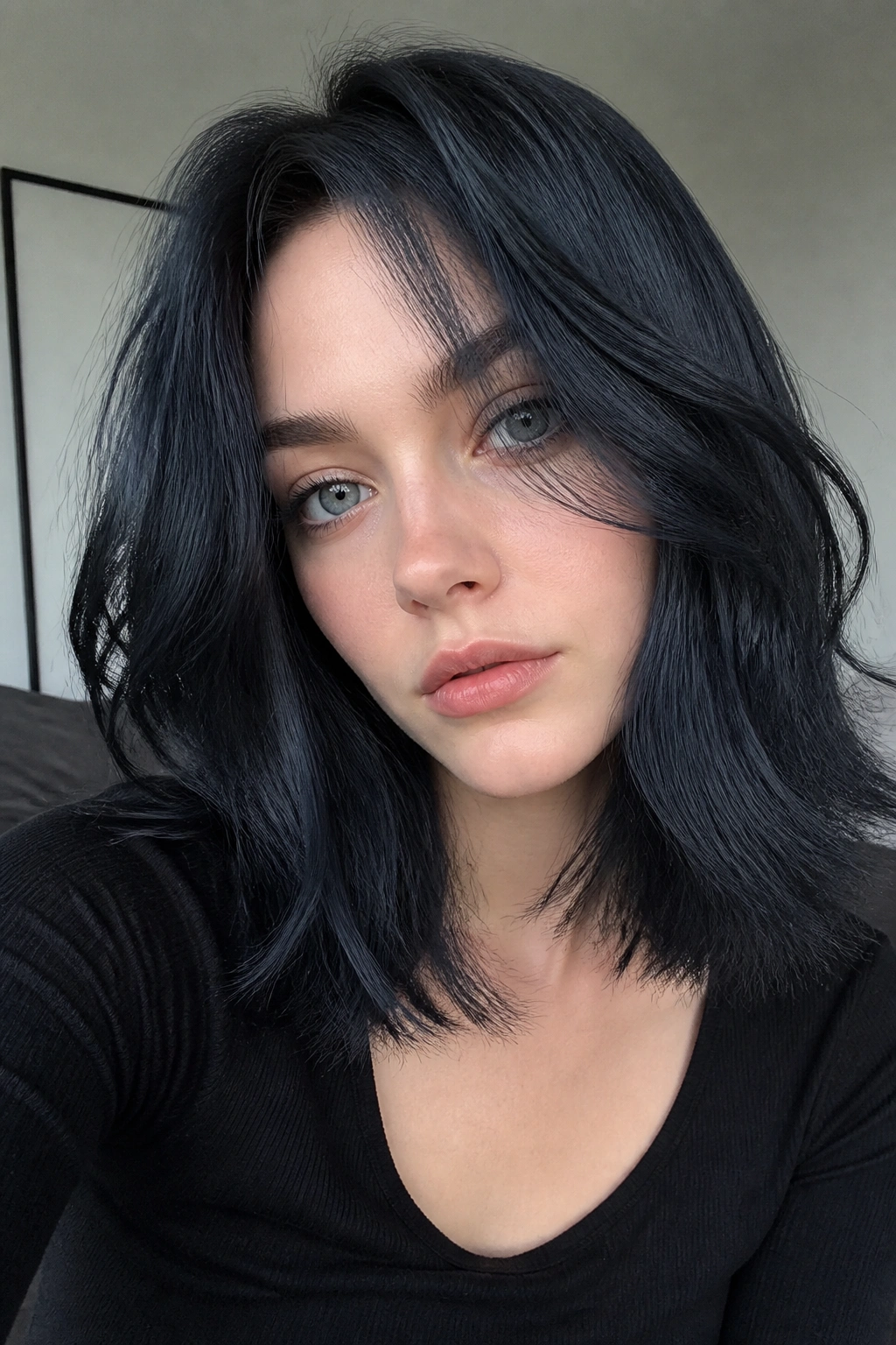 Close-up portrait of smoky steel blue-black hair on a real person