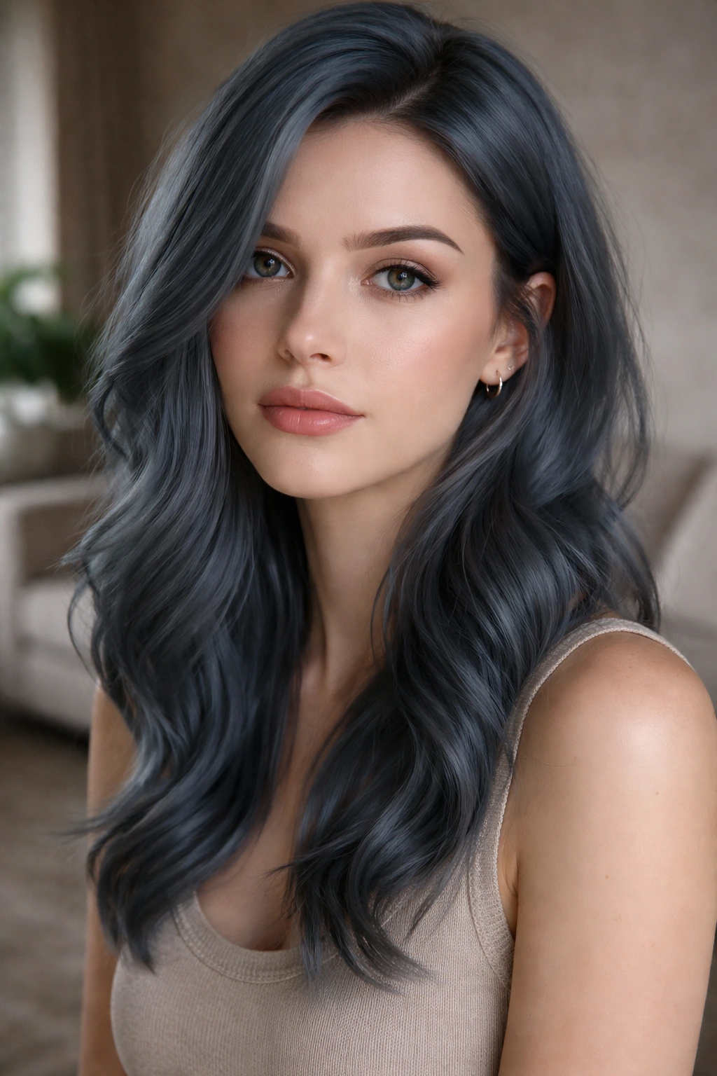 Portrait of a person with smoky steel blue hair in moody indoor light.