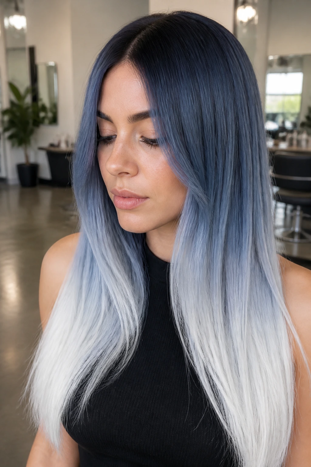 Close-up of long hair with smoky steel blue to white gradient in a chic salon.