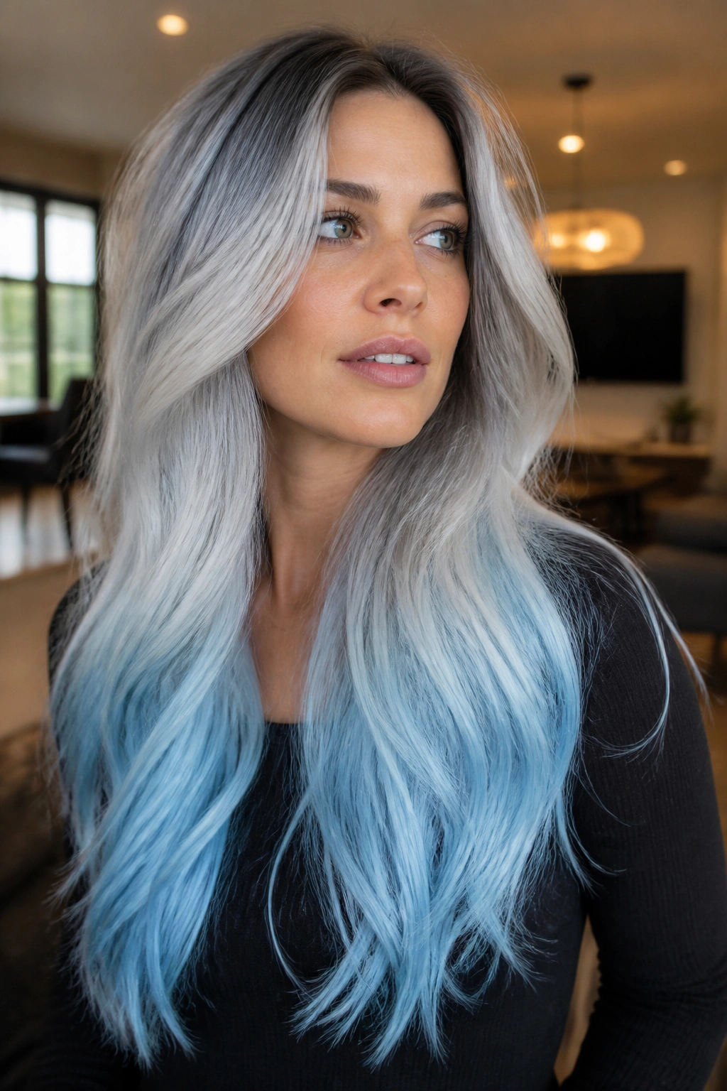 Portrait of a real woman with smoky steel crown fading to ice blue ends on long hair.